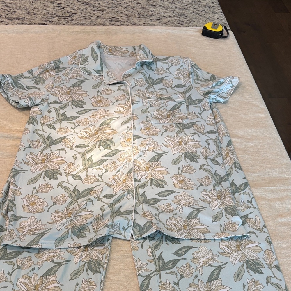 Floral  Pajamas in Teal and Cream with Piping Detail